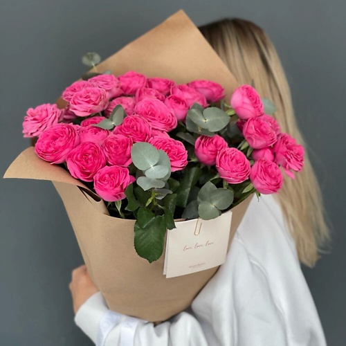 

CHALET GREEN Монобукет кустовых роз с эвкалиптом, Монобукет кустовых роз с эвкалиптом