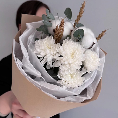 

MERSI FLOWERS Букет хризантема кустовая, хлопок и эвкалипт, Букет хризантема кустовая, хлопок и эвкалипт