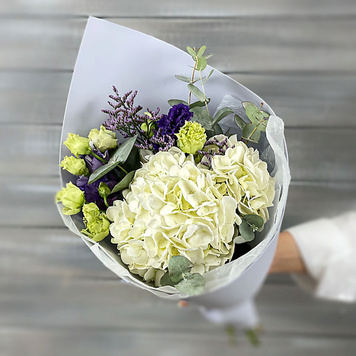 

БУКЕТ МАРКЕТ ДАРИТЕ С УДОВОЛЬСТВИЕМ Букет из гортензии, эустом и лимониума, Букет из гортензии, эустом и лимониума