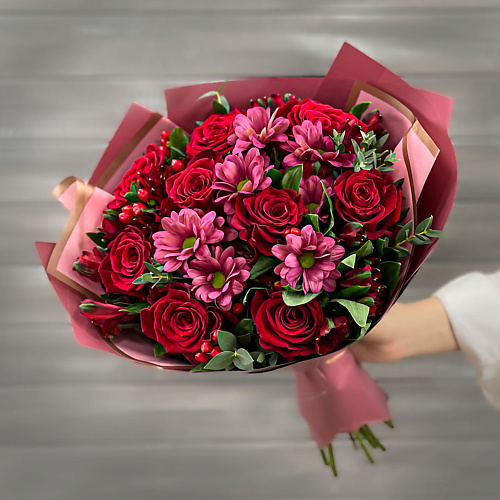 

БУКЕТ МАРКЕТ ДАРИТЕ С УДОВОЛЬСТВИЕМ Букет из кустовых хризантем, роз и альстромерий, Букет из кустовых хризантем, роз и альстромерий