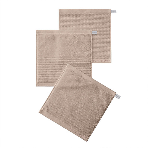 Набор полотенец SOFT SILVER Набор Antibacterial Cotton Towels, махровые салфетки 3 шт., 30х30 см. Цвет: «Песчаный берег» (бежевый)
