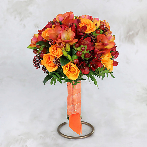 

БУКЕТ МАРКЕТ ДАРИТЕ С УДОВОЛЬСТВИЕМ Букет невесты из оранжевых роз, фрезий и альстромерий, Букет невесты из оранжевых роз, фрезий и альстромерий