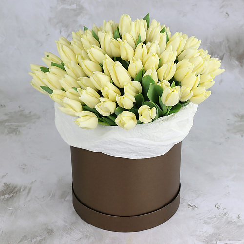 

БУКЕТ МАРКЕТ ДАРИТЕ С УДОВОЛЬСТВИЕМ 101 белый тюльпан в шляпной коробке, 101 белый тюльпан в шляпной коробке