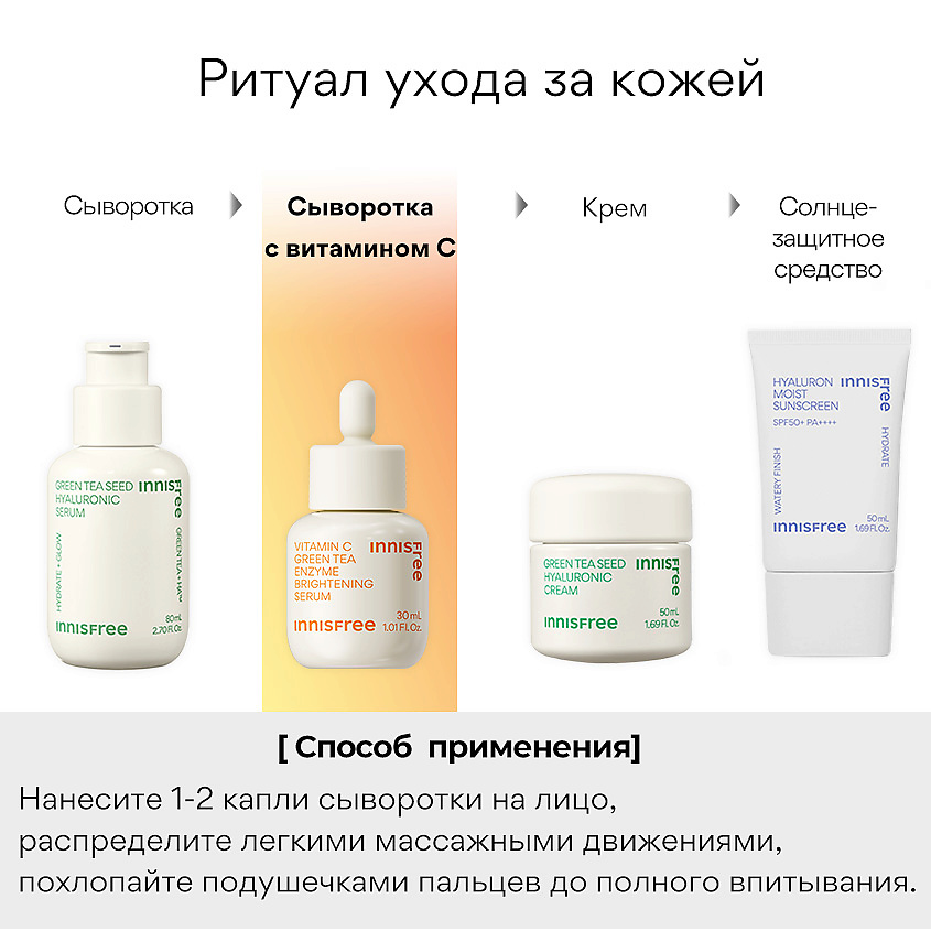 INNISFREE Обновляющая сыворотка с витамином С и энзимами зеленого чая для выравнивания тона кожи Vita C, 30 мл – фото 7