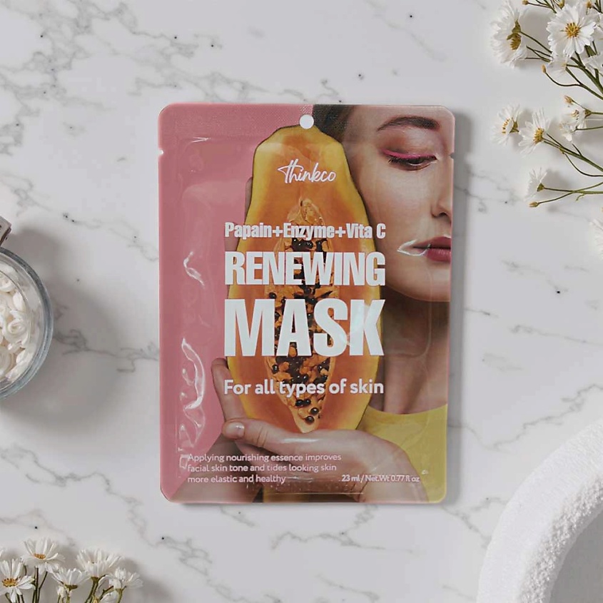 Изображение товара THINKCO Тканевая маска для лица с экстрактом папайи, энзимом и витамином С для сияния кожи, 23