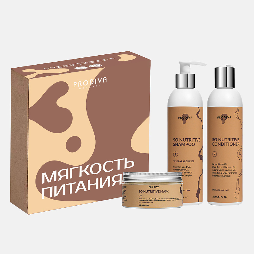 Изображение товара PRODIVA Подарочный набор для волос профессиональный "Мягкость питания" Шампунь + кондиционер + маска, 250 мл/250 мл/100 мл