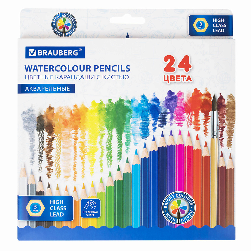 Изображение товара Цветные акварельные карандаши BRAUBERG 24 цвета с кистью для творчества