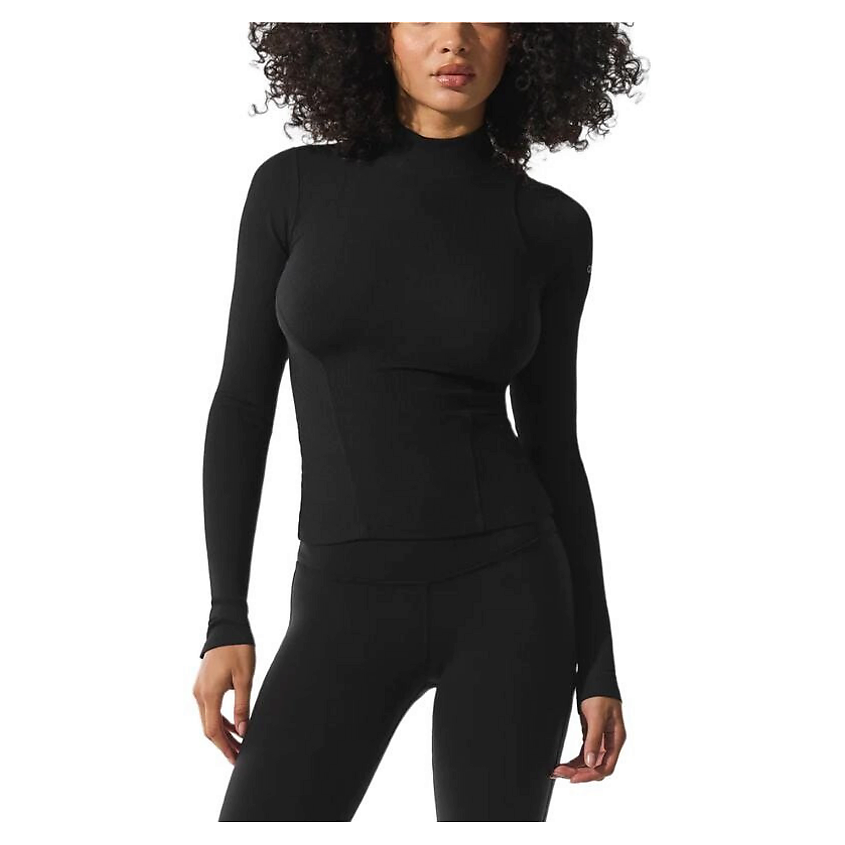 Изображение товара ALO YOGA Лонгслив Ribbed Mesmerize Mock Neck Long Sleeve, Цвет: Черный (Black), Размер: XS