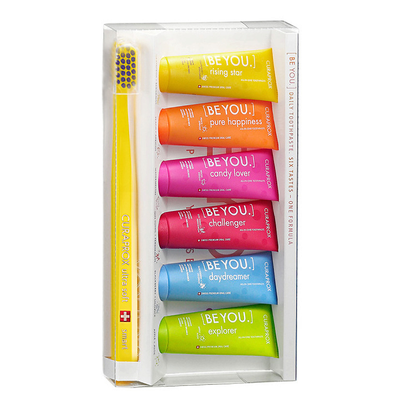 Изображение товара Набор зубных паст CURAPROX BE YOU 6 вкусов и зубная щетка Smart для всей семьи