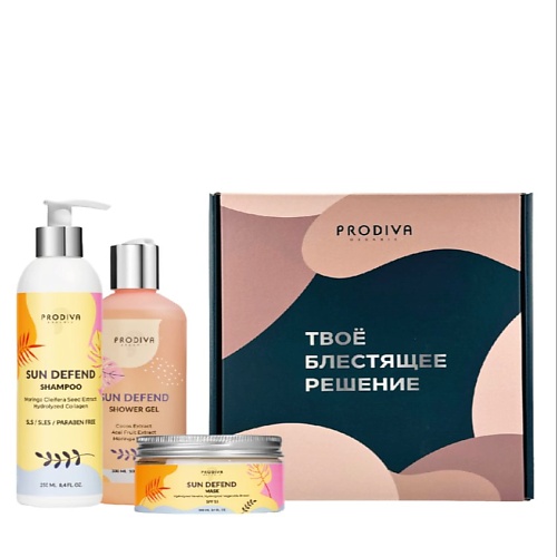 

PRODIVA Подарочный набор для волос и тела "Восстановление и термозащита" Шампунь+маска+гель для душа, Подарочный набор для волос и тела "Восстановление и термозащита" Шампунь+маска+гель для душа