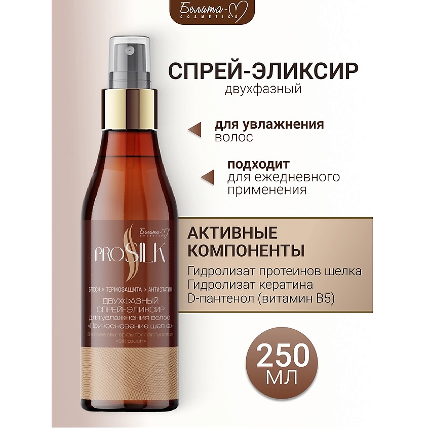 Изображение товара БЕЛИТА-М Спрей-эликсир Двухфазный для увлажнения волос "Прикосновение шелка" PROSILK, 250 мл