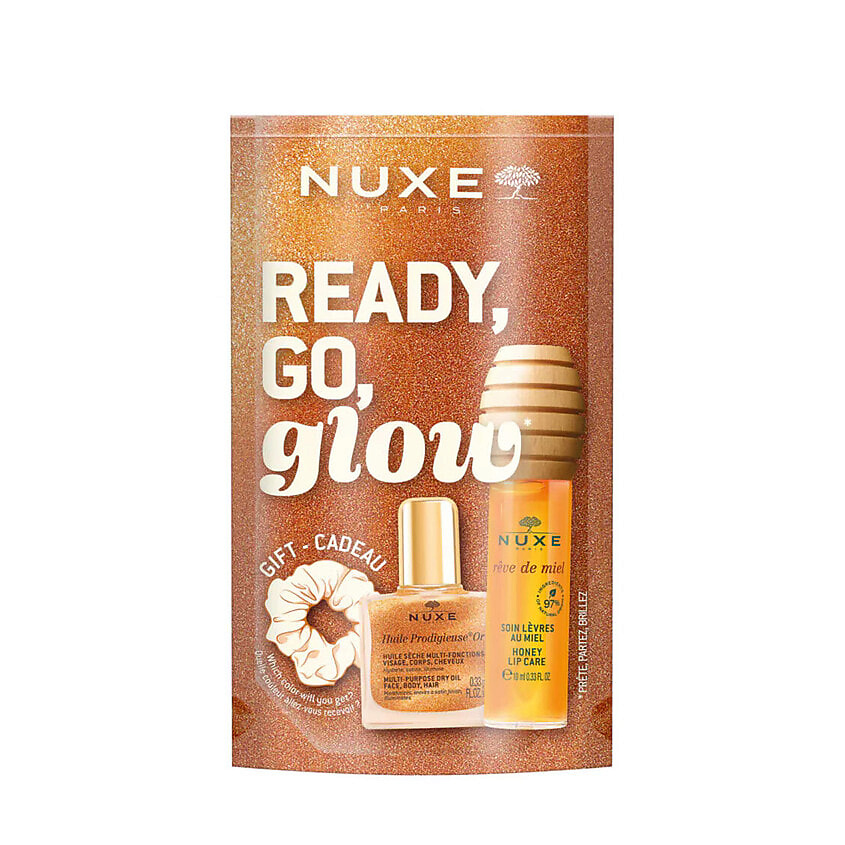 Изображение товара NUXE Набор Ready, Go, Glow: блеск для губ + масло + резинка для волос, 2х10 мл +резинка для волос