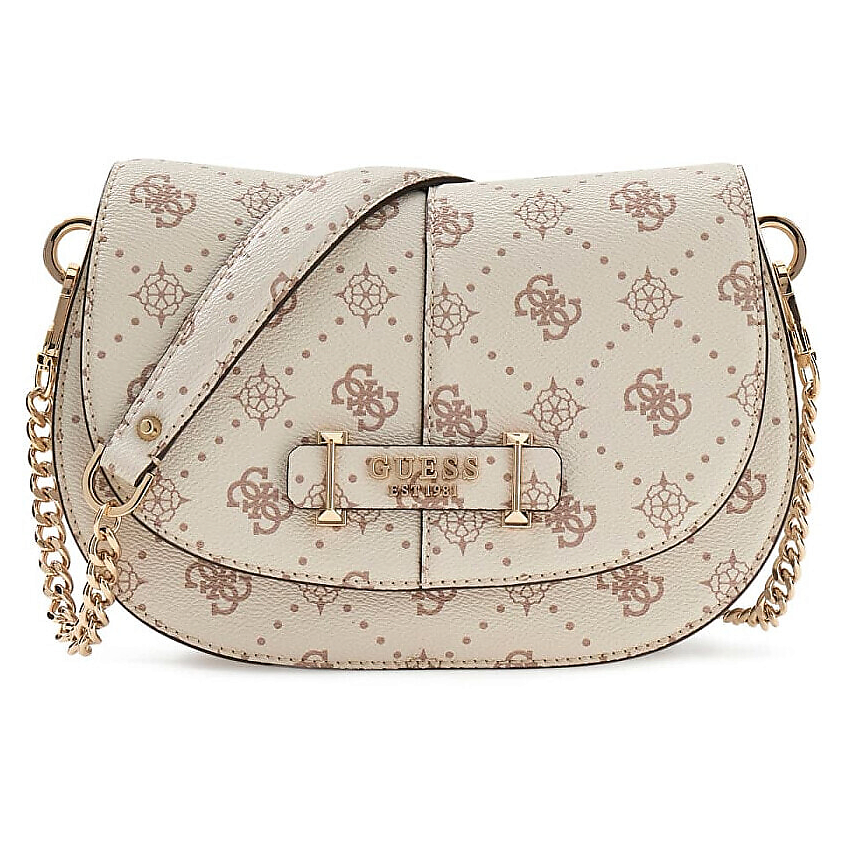 Изображение товара GUESS Carrie Logo Flap Shoulder Bag бежевого цвета стильная женская сумка