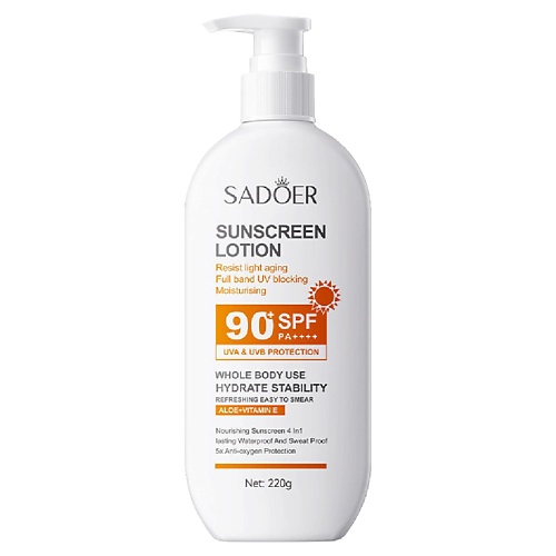 

SADOER Лосьон SPF 90+ защита от UVA и UVB лучей с алоэ и витамином Е 220, Лосьон SPF 90+ защита от UVA и UVB лучей с алоэ и витамином Е