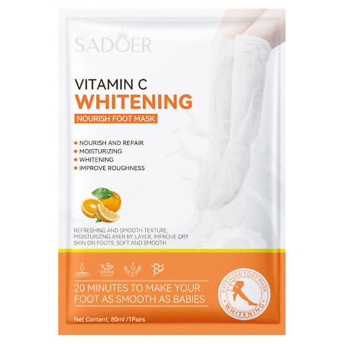 

SADOER Тканевая маска для ног питательная и выравнивающая тон кожи с витамином С, Тканевая маска для ног питательная и выравнивающая тон кожи с витамином С