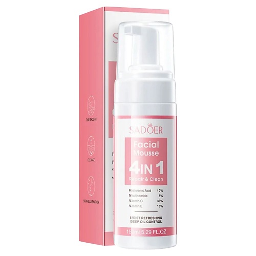 

SADOER Мусс для умывания 4 в 1 очищающий с гиалуроновой кислотой 150, Мусс для умывания 4 в 1 очищающий с гиалуроновой кислотой