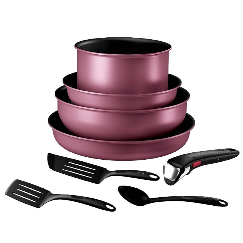Изображение товара TEFAL Набор посуды Ingenio Cook & Create L7889002, антипригарная сковорода 28 и 22 см с титановым покрытием и индикатором нагрева, ковш 18 см, лопатки, ложка