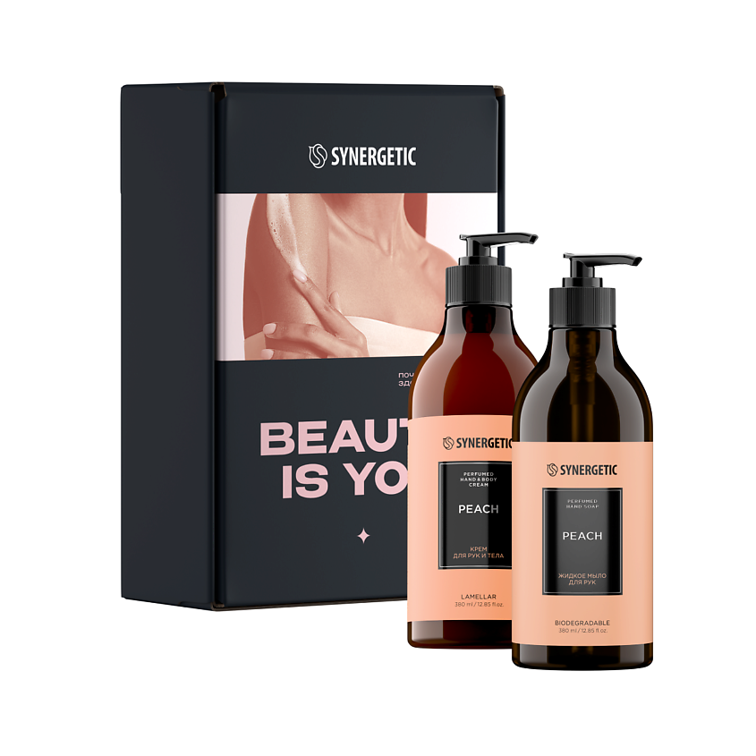 Изображение товара SYNERGETIC Подарочный набор BEAUTY IS YOU ПЕРСИК жидкое мыло и крем для рук и тела, 1 шт. Изображение товара SYNERGETIC Подарочный набор BEAUTY IS YOU ПЕРСИК жидкое мыло и крем для рук и тела, 1 шт.