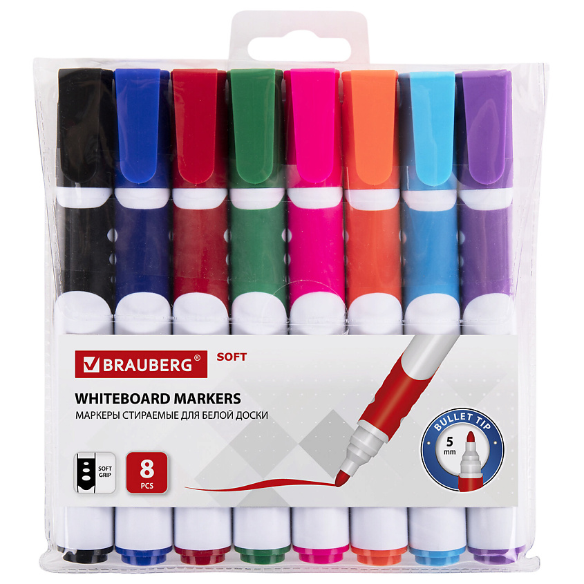 Изображение товара Маркеры для белой доски BRAUBERG SOFT 8 цветов набор