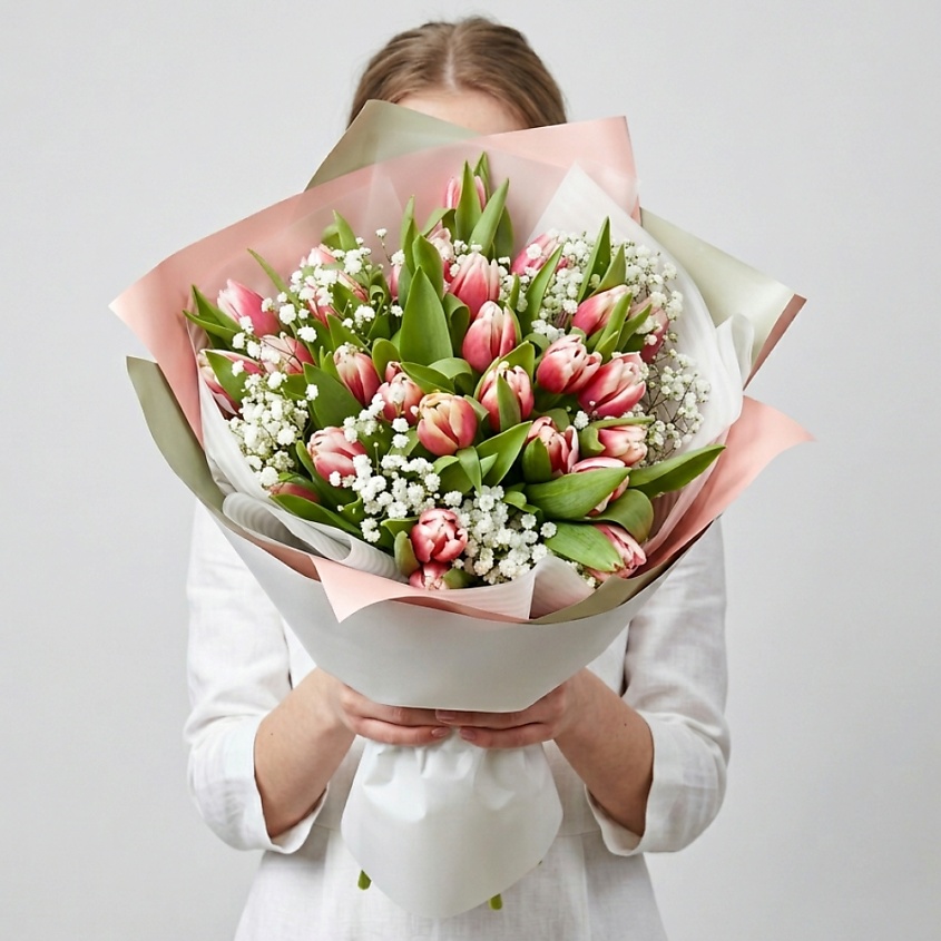 Изображение товара VORNIKOV BOUQUETS Букет из тюльпанов Счастье в моменте, Тюльпаны 25 шт, гипсофила 5 шт, упаковка, лента