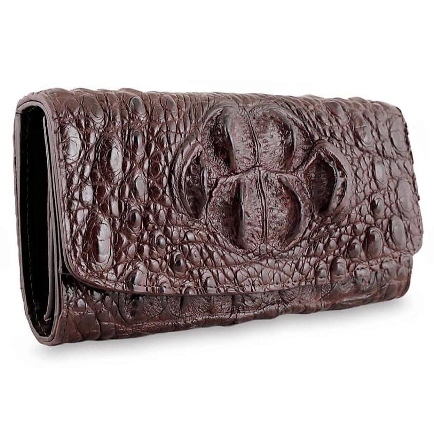 Изображение товара EXOTIC LEATHER GENUINE PREMIUM ACCESSORIES Зеленый женский крокодиловый кошелек из кожи с загривком, Шоколадный