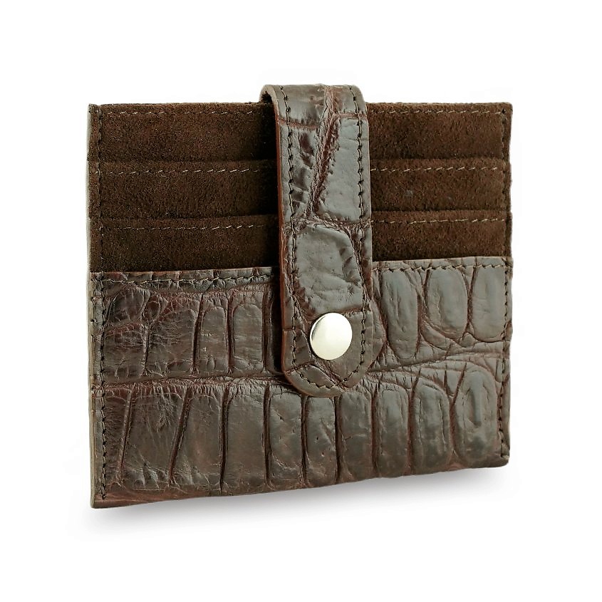 Изображение товара EXOTIC LEATHER GENUINE PREMIUM ACCESSORIES Картхолдер с кожей крокодила на хлястике на кнопке, Коричневый