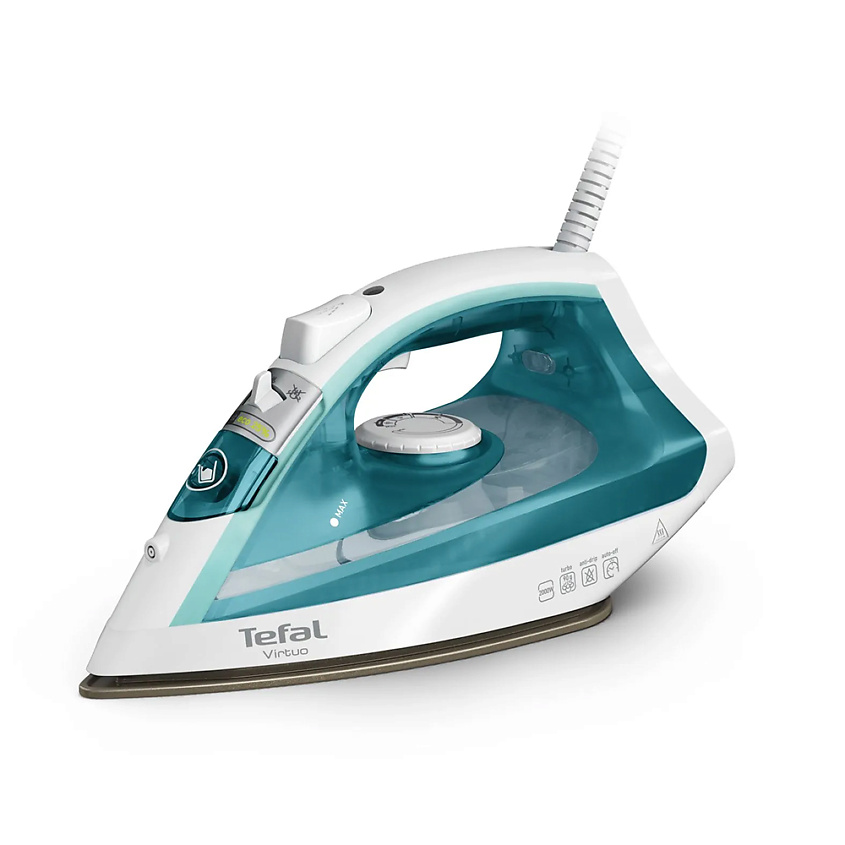 Изображение товара TEFAL Паровой утюг для одежды Virtuo FV1R10F1, с автоотключением, паровой удар 90 г/мин, 2000 Вт, бирюзовый