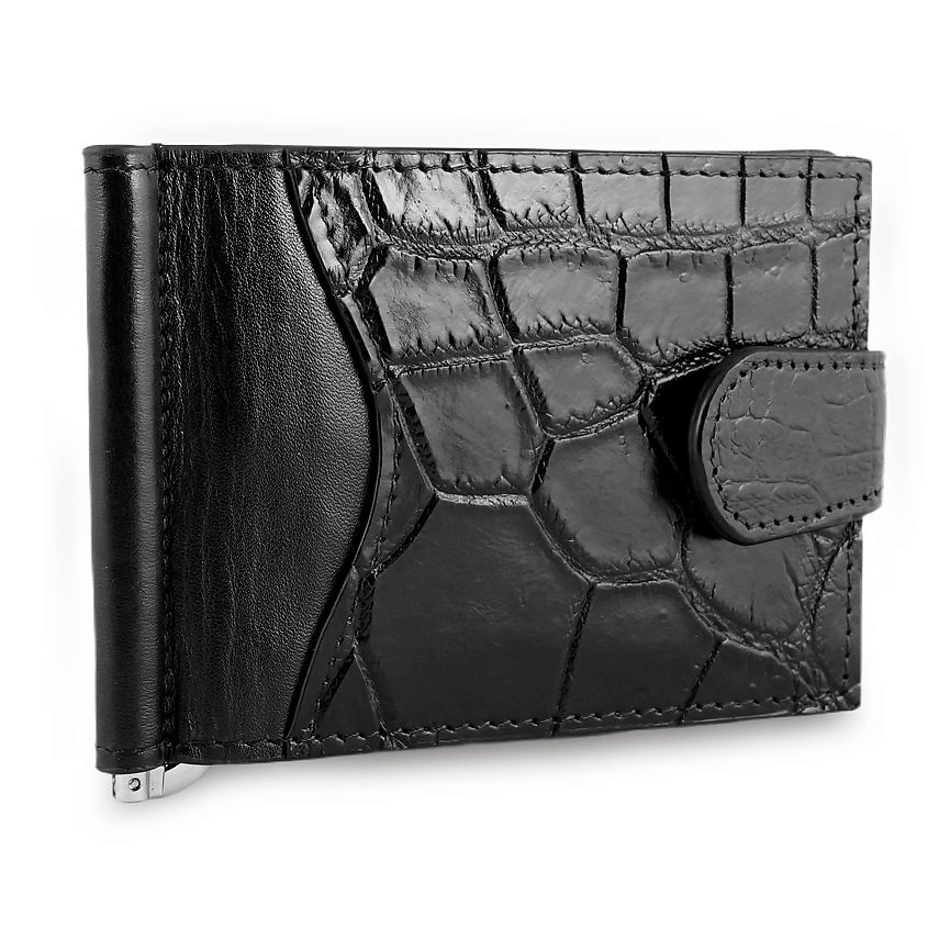 Изображение товара EXOTIC LEATHER GENUINE PREMIUM ACCESSORIES Крокодиловый зажим для денег на хлястике с кнопкой, Черный