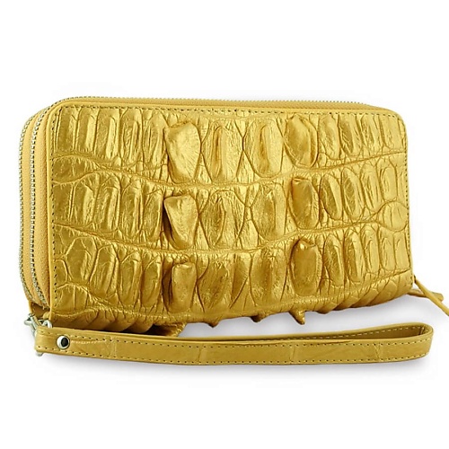 Кошелек EXOTIC LEATHER GENUINE PREMIUM ACCESSORIES Золотой мужской клатч на 2-х молниях из кожи крокодила