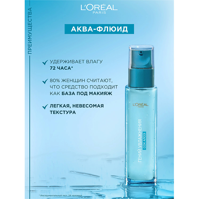 L'ORÉAL PARIS Аква-флюид для лица для нормальной и смешанной кожи, с экстрактом Алоэ и гиалуроновой кислотой Гений Увлажнения – фото 4