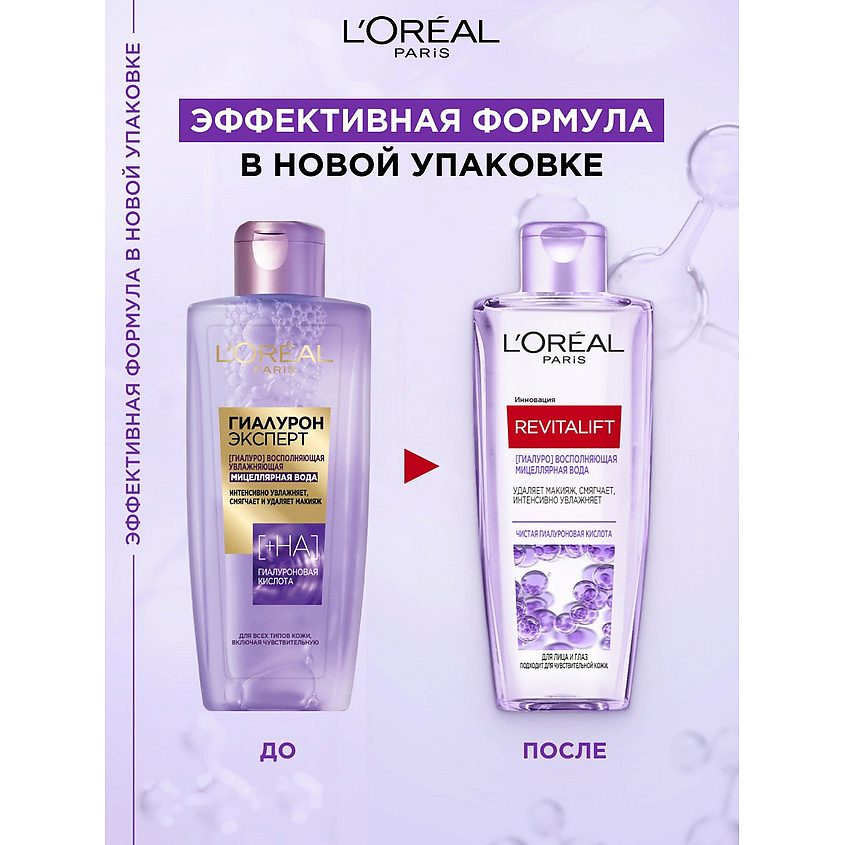 L'OREAL PARIS Мицеллярная вода Гиалуро восполняющая для лица и глаз Revitalift – фото 4