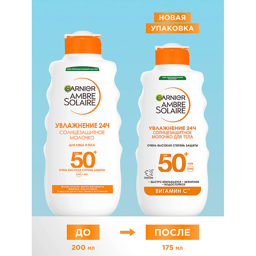 GARNIER Солнцезащитное молочко для лица и тела водостойкое с маслом ши SPF 50+ Ambre Solaire – фото 3
