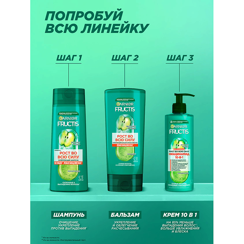 FRUCTIS Укрепляющий шампунь, Рост во всю силу с экстрактом яблока, для ослабленных волос, склонных к выпадению – фото 8