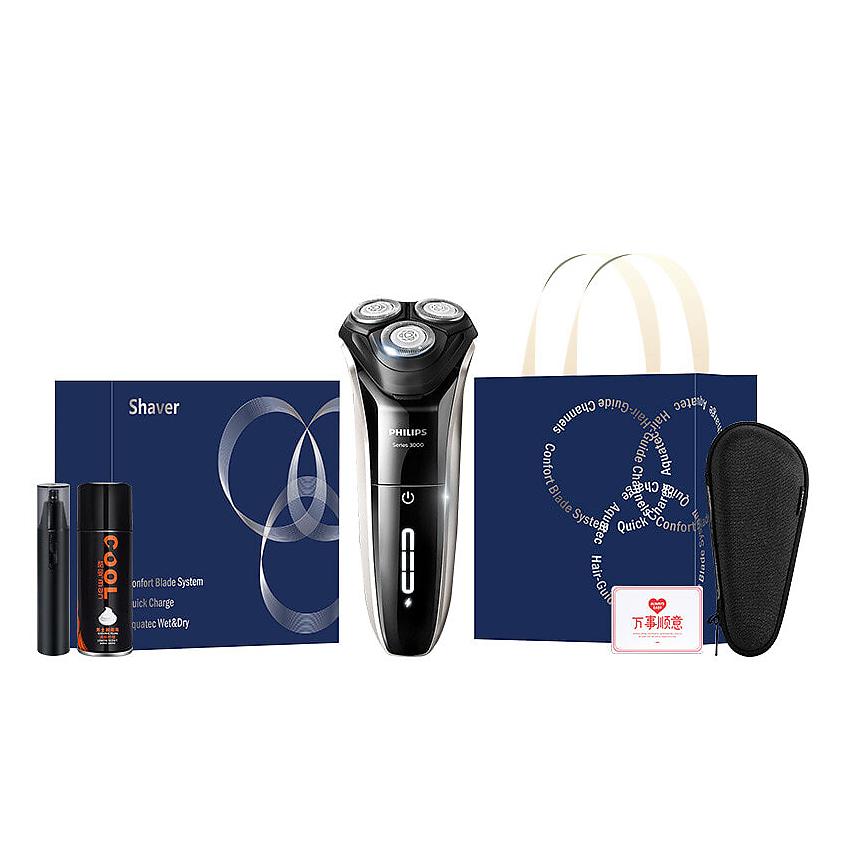 Изображение товара PHILIPS Электробритва Series 3000 S3208 + Чехол + Триммер для носа + Пена для бритья COOL, Цвет: серебряный
