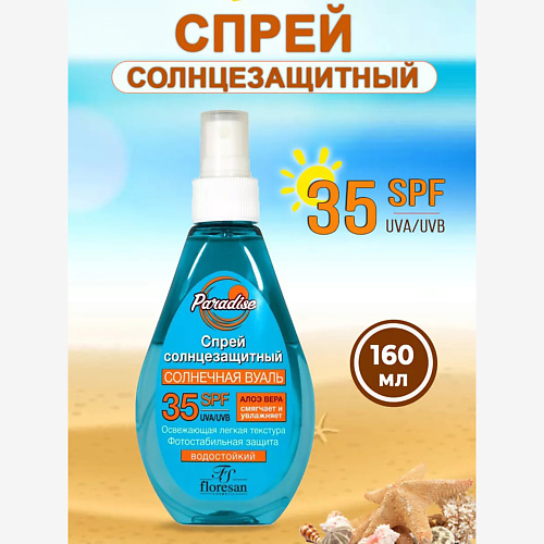 Солнцезащитный спрей для тела FLORESAN Водостойкий Солнцезащитный спрей Paradise с алоэ вера SPF 35