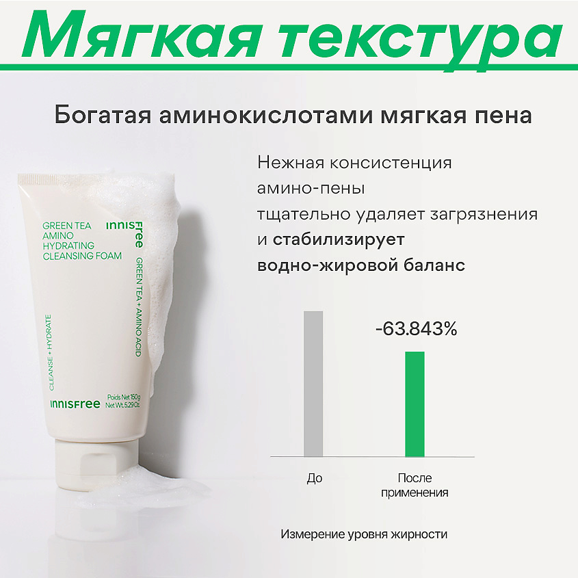 INNISFREE Увлажняющая пенка для умывания с экстрактом зеленого чая и аминокислотами Green Tea – фото 3