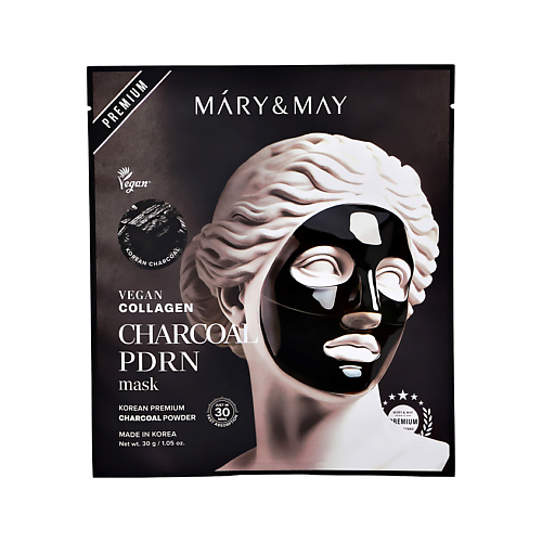 Маска для лица MARY&MAY Маска для лица гидрогелевая укрепляющая с ПДРН, древесным углем и веганским коллагеном