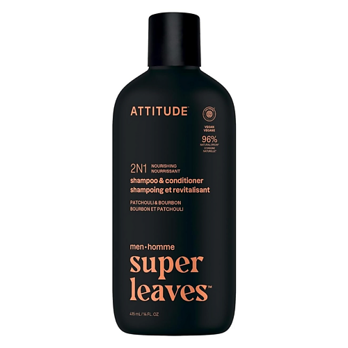 Шампунь для волос ATTITUDE Шампунь и кондиционер 2 в 1 Super Leaves Men Patchouli & Bourbon