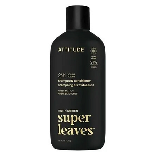 Шампунь для волос ATTITUDE Шампунь и кондиционер 2 в 1 Super Leaves Men Amber & Citrus
