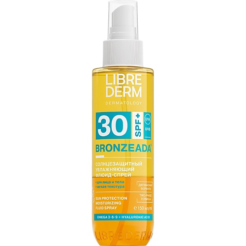 

LIBREDERM Солнцезащитный увлажняющий двухфазный флюид-спрей SPF30 Bronzeada 150, Солнцезащитный увлажняющий двухфазный флюид-спрей SPF30 Bronzeada