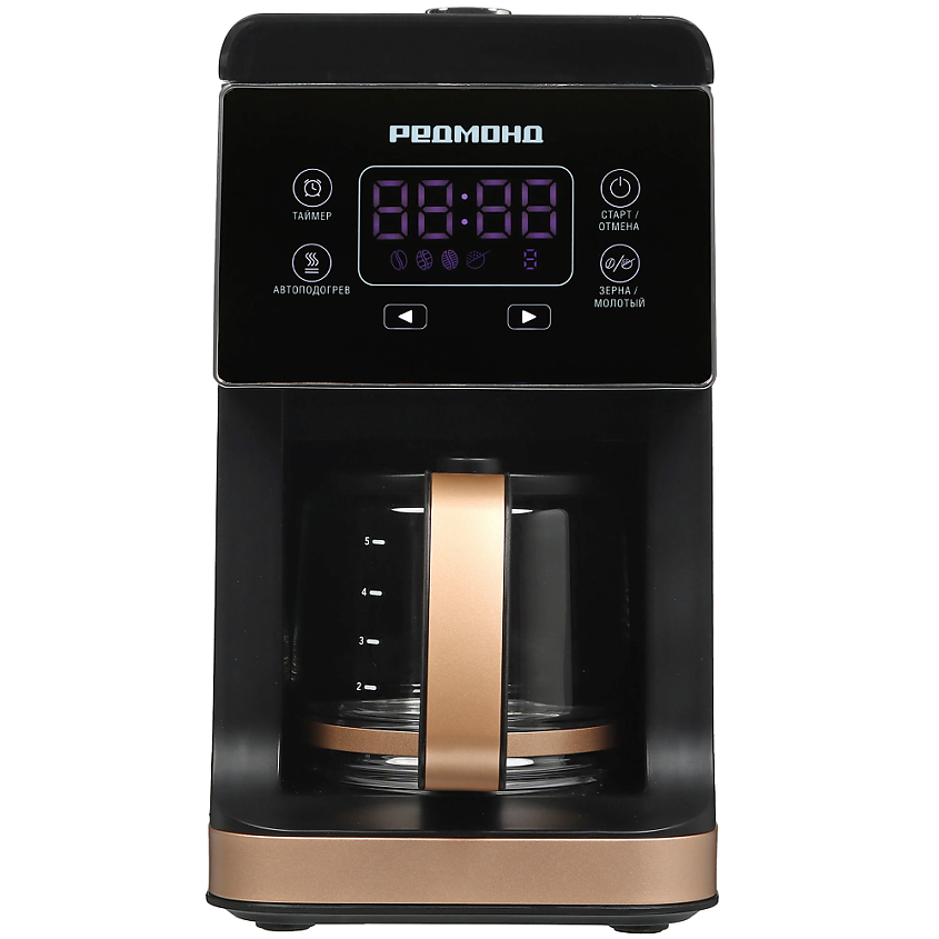 Изображение товара РЕДМОНД Капельная кофеварка CM720, для зернового и молотого кофе, 900 Вт, встроенная кофемолка + многоразовый фильтр, сенсорный дисплей, отложенный старт, автоподогрев, капля-стоп, черный/бронза Изображение товара РЕДМОНД Капельная кофеварка CM720, для зернового и молотого кофе, 900 Вт, встроенная кофемолка + многоразовый фильтр, сенсорный дисплей, отложенный старт, автоподогрев, капля-стоп, черный/бронза