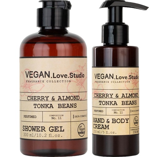 Набор парфюмированных средств для ухода за телом VEGAN.LOVE.STUDIO Подарочный набор гель для душа и крем для рук и тела Cherry,Almond,Tonka Beans