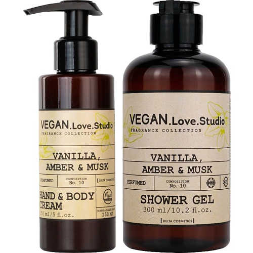 Набор парфюмированных средств для ухода за телом VEGAN.LOVE.STUDIO Подарочный набор: Гель для душа + крем для рук и тела Vanilla, Amber, Musk