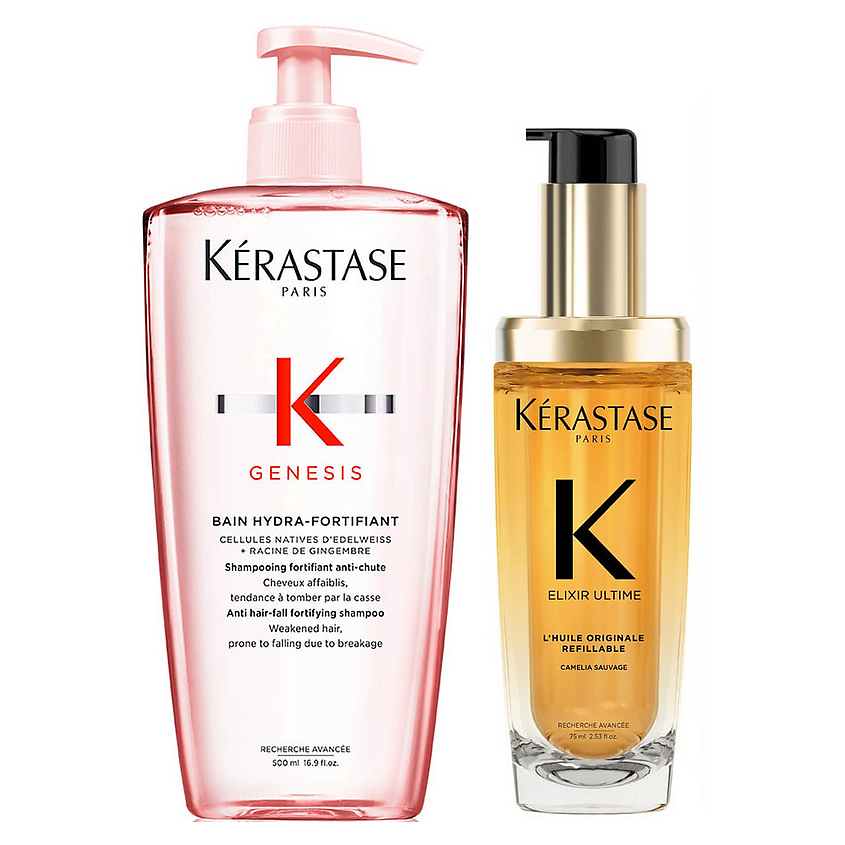 Изображение товара KERASTASE Набор для укрепления и блеска волос Kerastase: Шампунь Genesis + Масло Elixir Ultime, 500 мл + 70 мл Изображение товара KERASTASE Набор для укрепления и блеска волос Kerastase: Шампунь Genesis + Масло Elixir Ultime, 500 мл + 70 мл