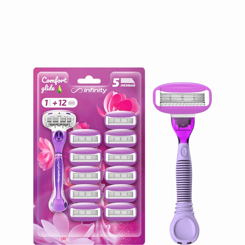 Изображение товара INFINITY Женская бритва ComfortGlide с 12 сменными кассетами и алоэ, розовая Изображение товара INFINITY Женская бритва ComfortGlide с 12 сменными кассетами и алоэ, розовая