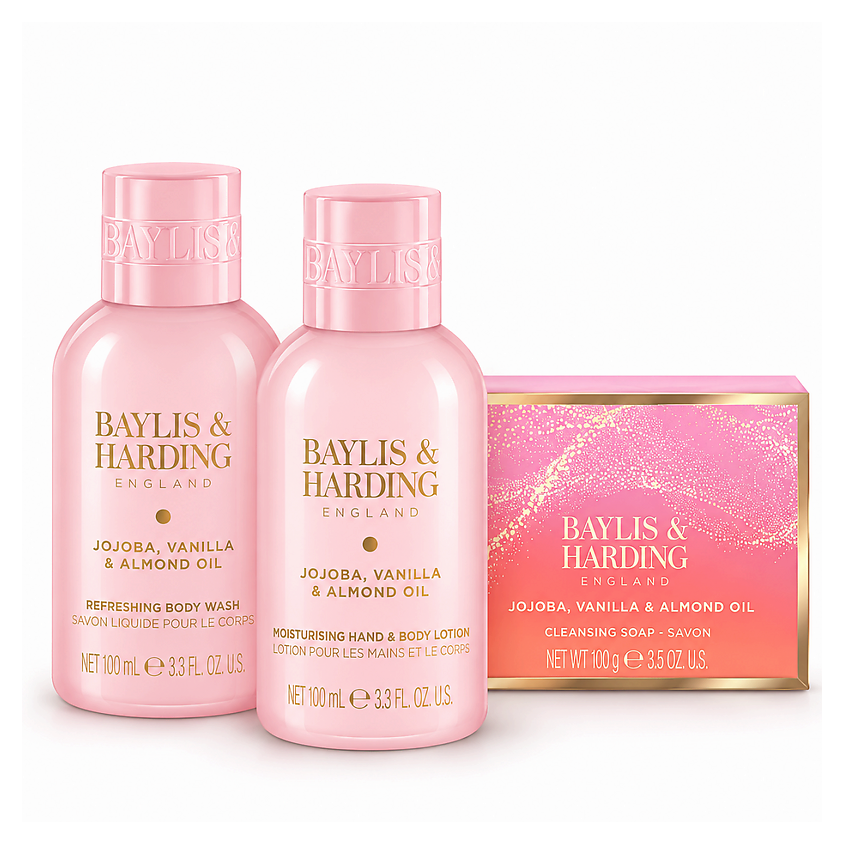 Изображение товара BAYLIS & HARDING Набор для душа Jojoba, Vanilla & Almond Oil Make Me Sparkle, гель 100 мл + лосьон 100 мл + мыло 100 г