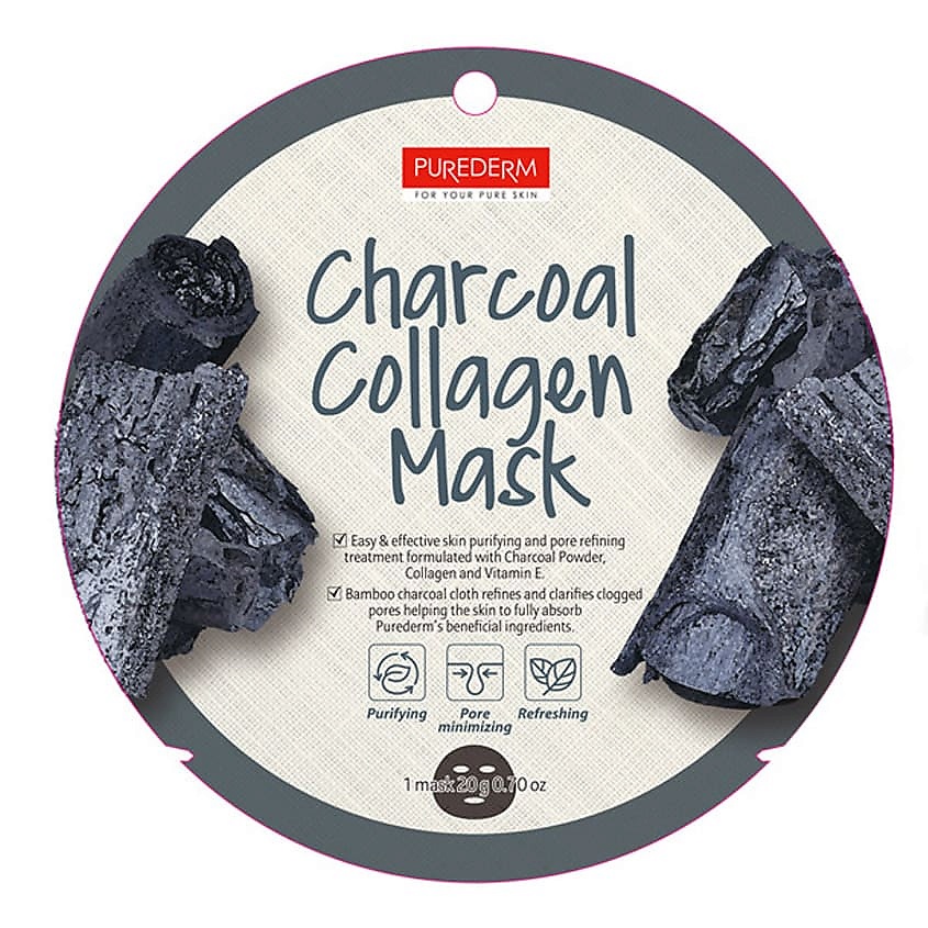PUREDERM Маска коллагеновая очищающая с экстрактом угля Charcoal ...