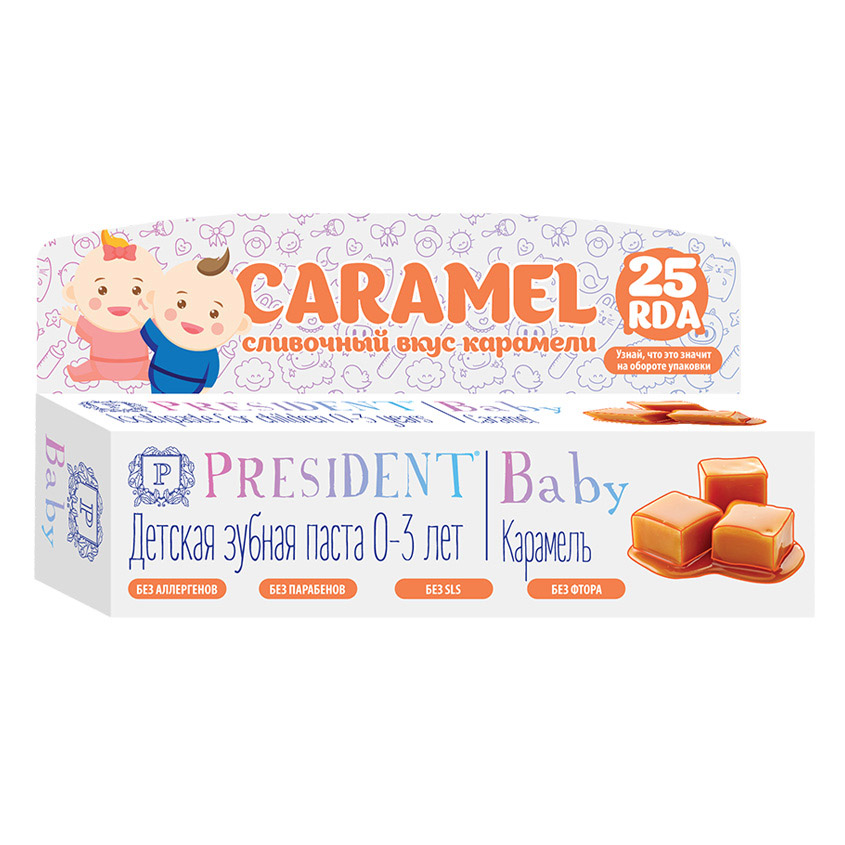 

PRESIDENT Зубная паста детская PRESIDENT Baby 0-3 Карамель (25 RDA) без фтора