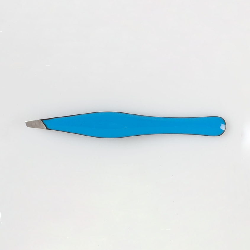 Пинцет скошенный, с округлой ручкой, голубой (эмаль)