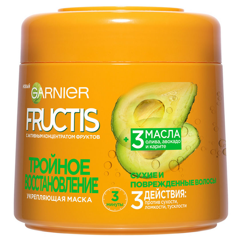 фото Garnier fructis маска для волос "фруктис, тройное восстановление", укрепляющая, для поврежденных и ослабленных волос,с маслами оливы, авокадо и карите